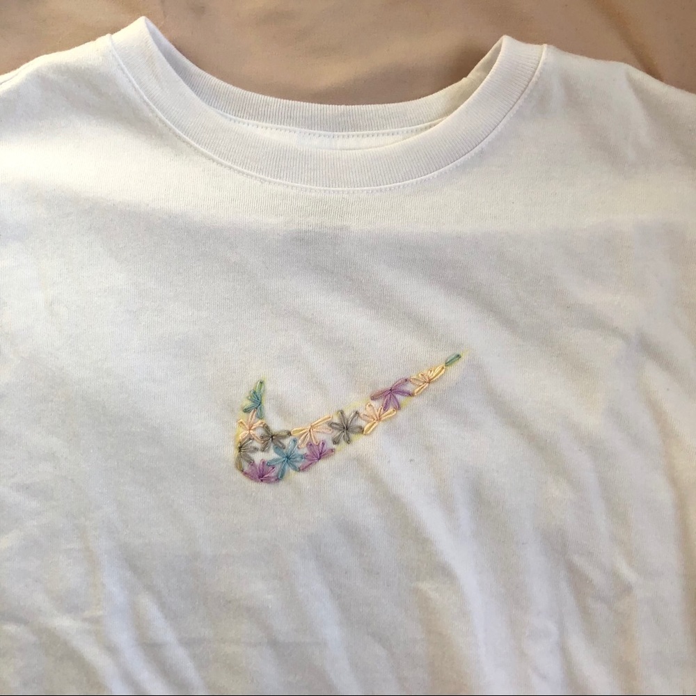 Hand-embroidered floral Nike swoosh shirt